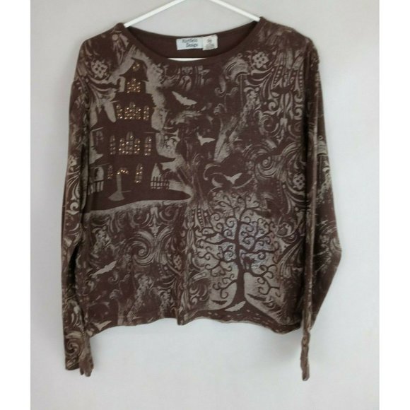 Hartfield Design Women's Brown Beaded Shirt With Hounted House Design Size PM - Picture 1 of 6